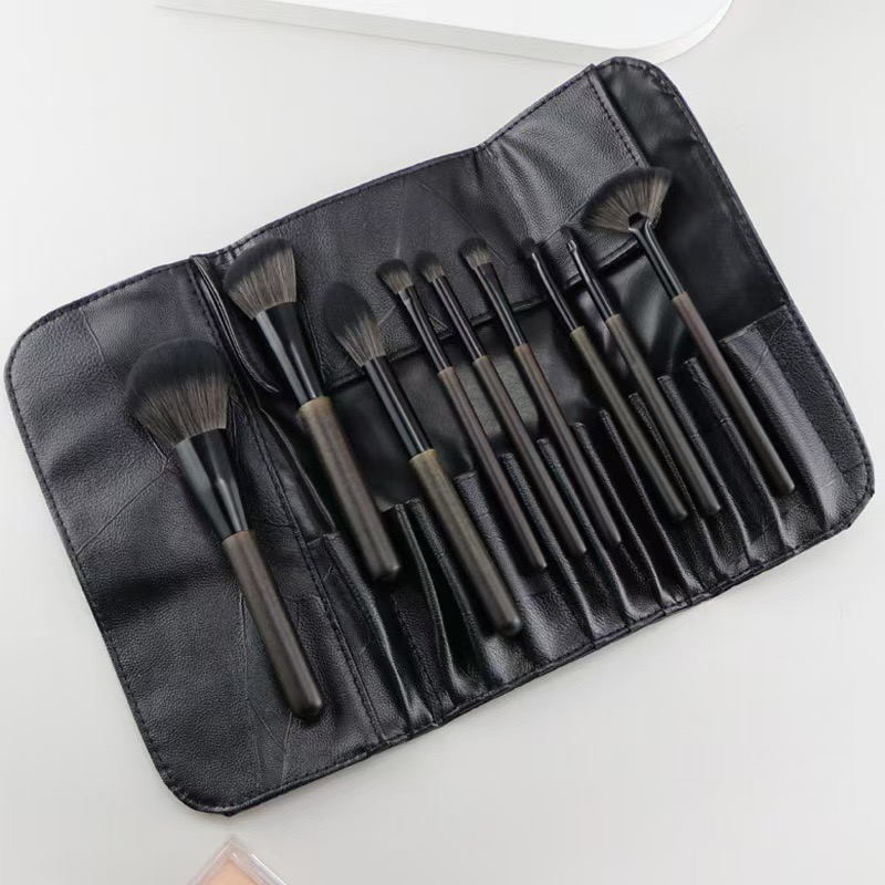 Dark Wood Handle Brush Set in Black Leather Roll
