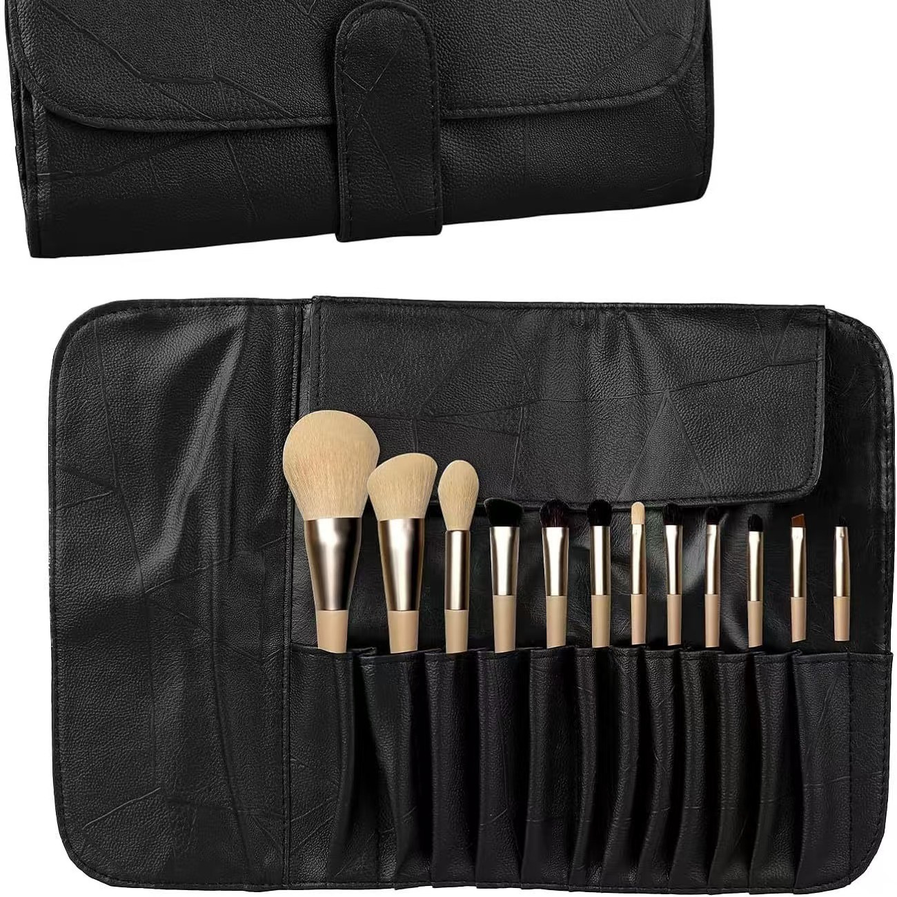 Beige Handle Brush Set in Black Leather Roll (12 pcs)