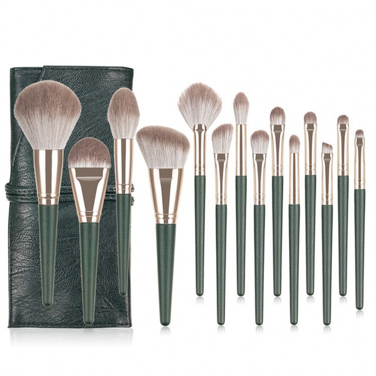 Dark Green & Rose Gold Brush Set with Leather Roll (14 pcs)