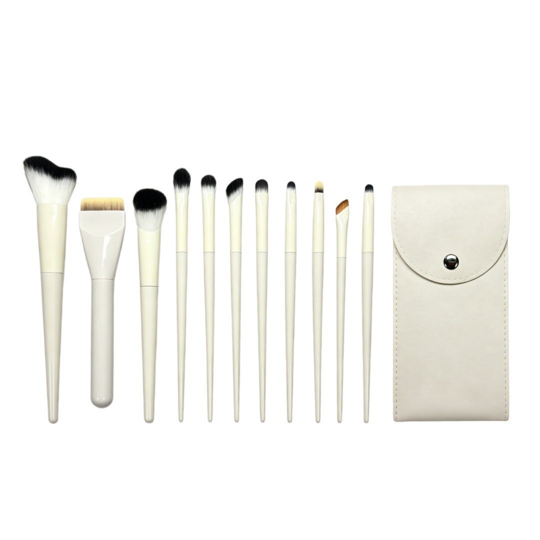 White Handle Brush Set with Cream Pouch
