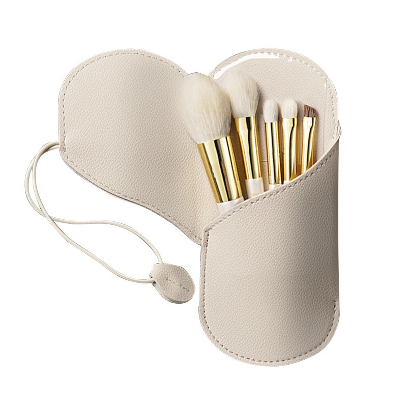 Gold Ferrule Brush Set in Beige Leather Case (5 pcs)