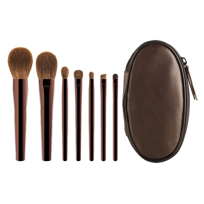Brown Handle Brush Set with Leather Case (7 pcs)