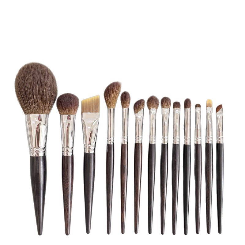 Dark Wood Handle Makeup Brush Set (14 pcs)