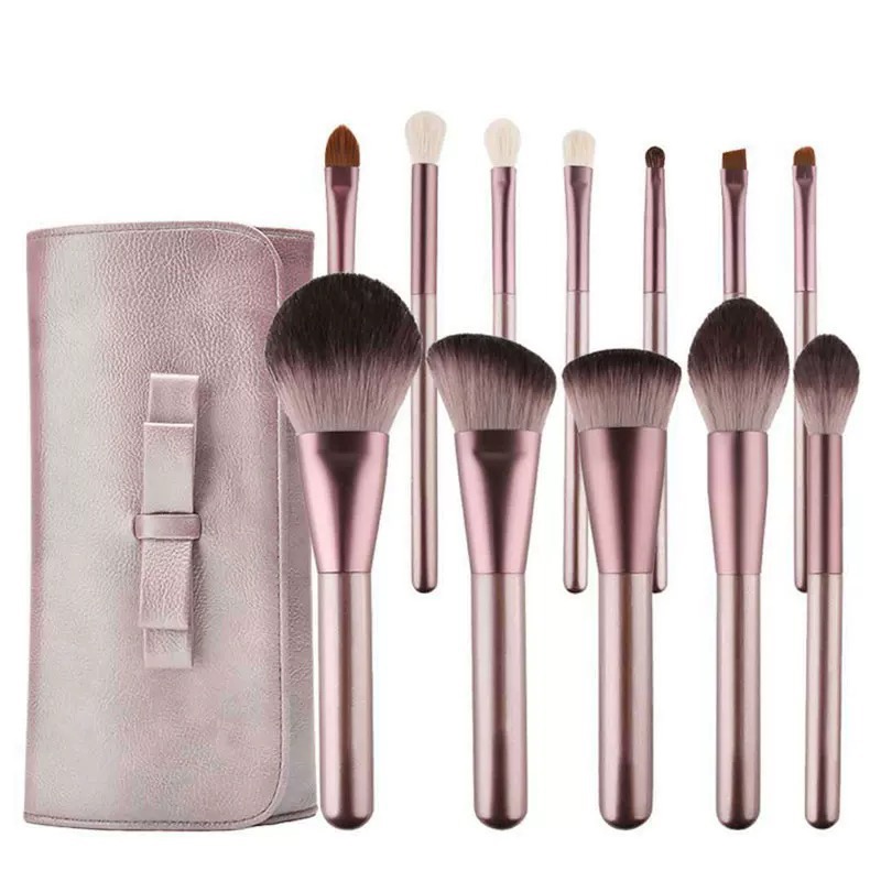 Rose Gold Brush Set with Pink Roll Case (14 pcs)