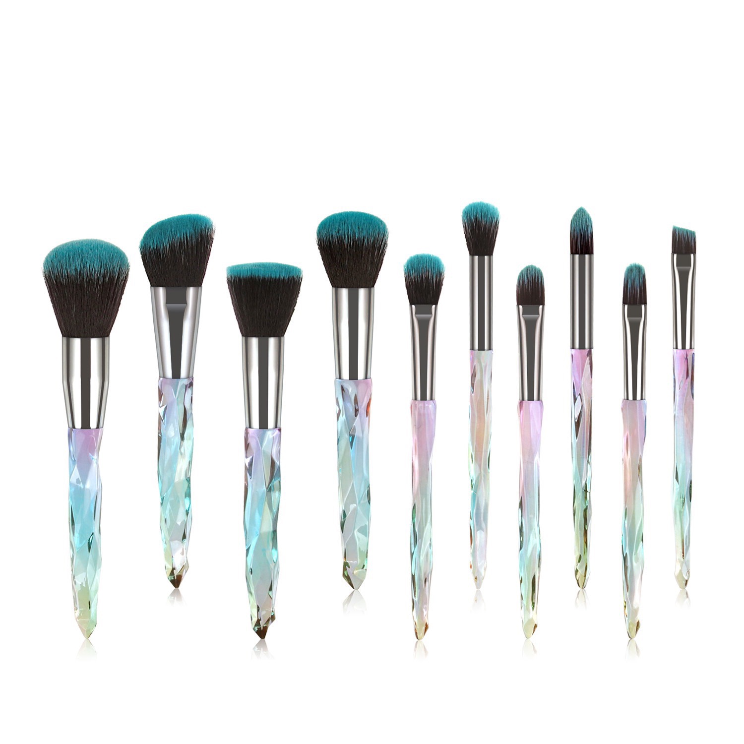 Iridescent Crystal Handle Teal Tip Brush Set (10 pcs)