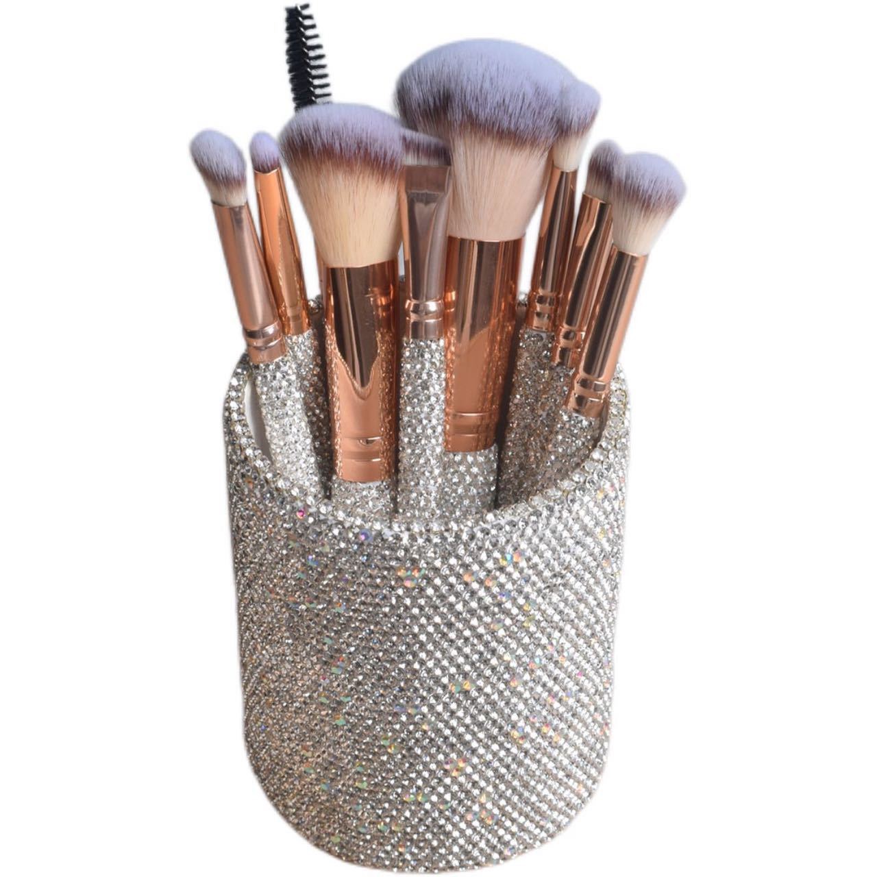 Rose Gold Rhinestone Handle Brush Set with Rhinestone Holder