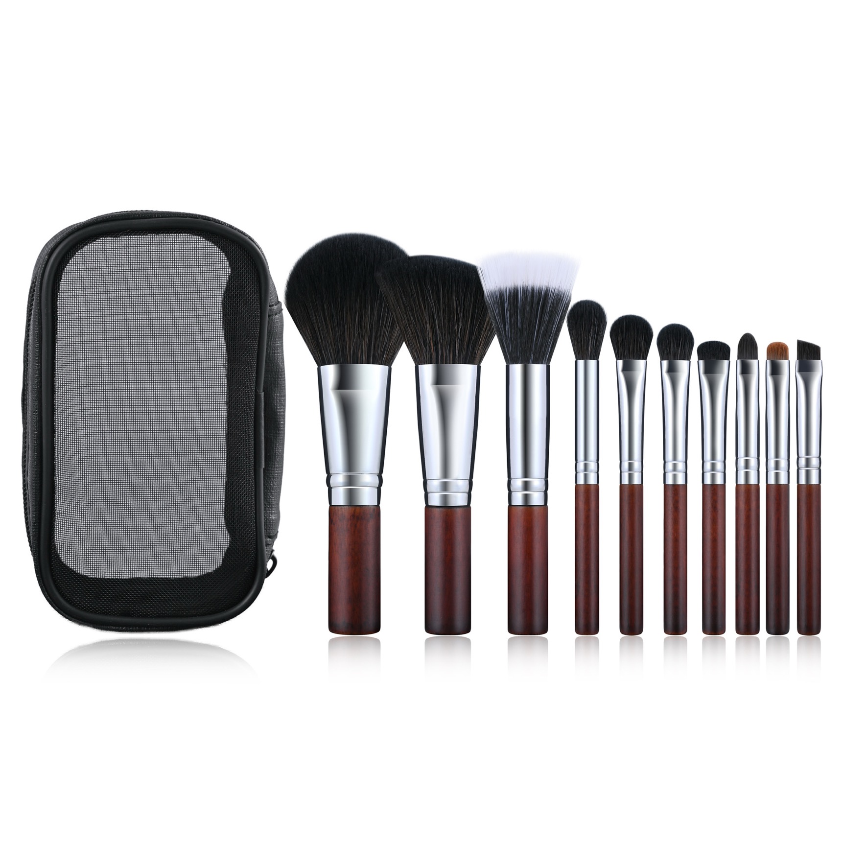 12-Piece Dark Wood Makeup Brush Set with Mesh Pouch