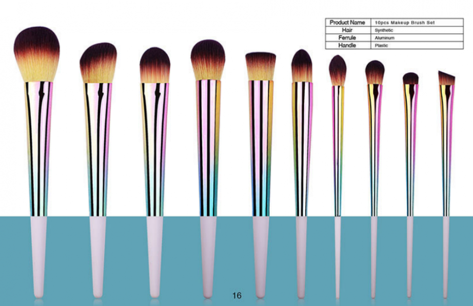 10 piece long iridescent ferrule short handle makeup brush set