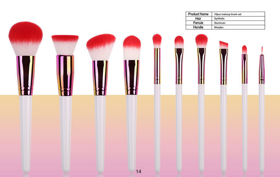 10 piece red theme iridescent makeup brush set