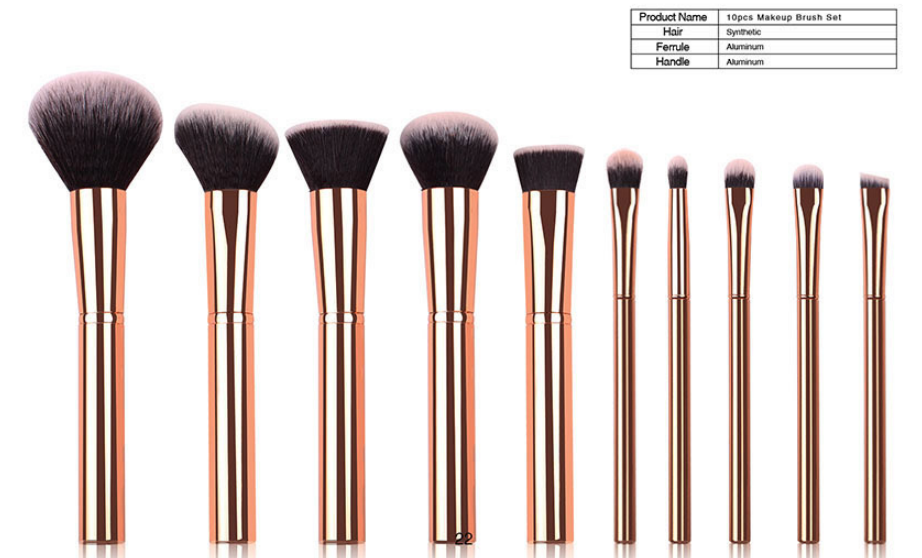 10 piece rose gold metal handle makeup brush set