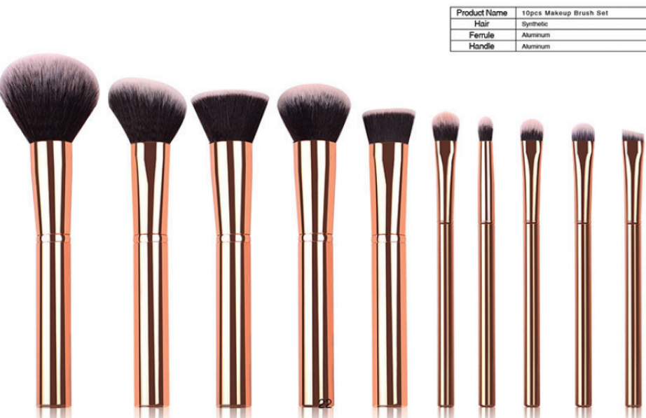 10 piece rose gold metal handle makeup brush set