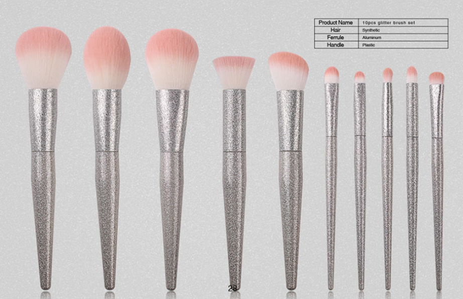 10 piece silver glittering makeup brush set